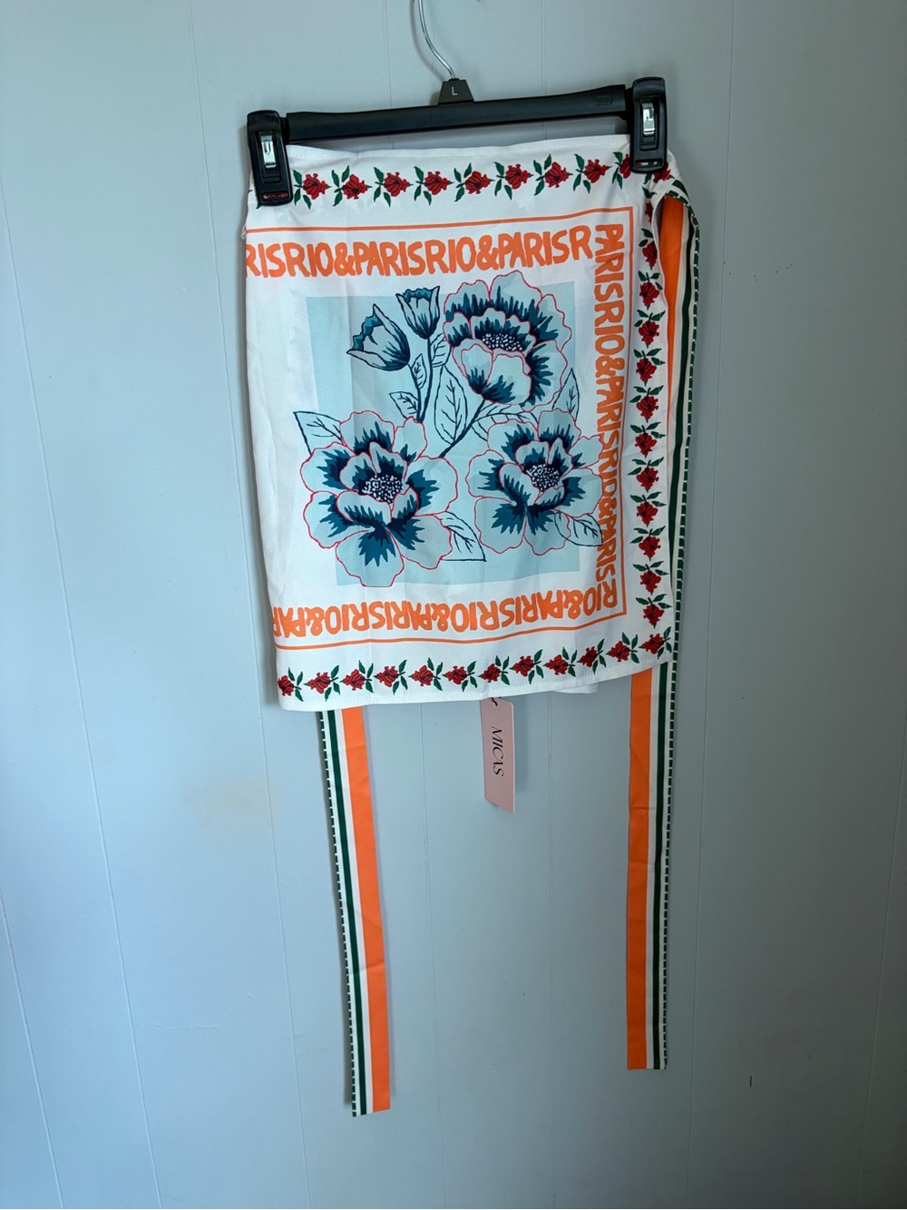 Micas Floral Scarf Belt with Blue Flowers and Orange Trim